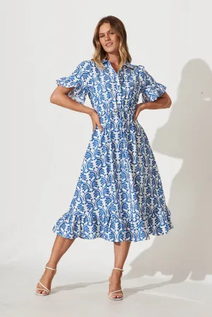 Aiken Midi Dress In Blue With White Print Cotton
