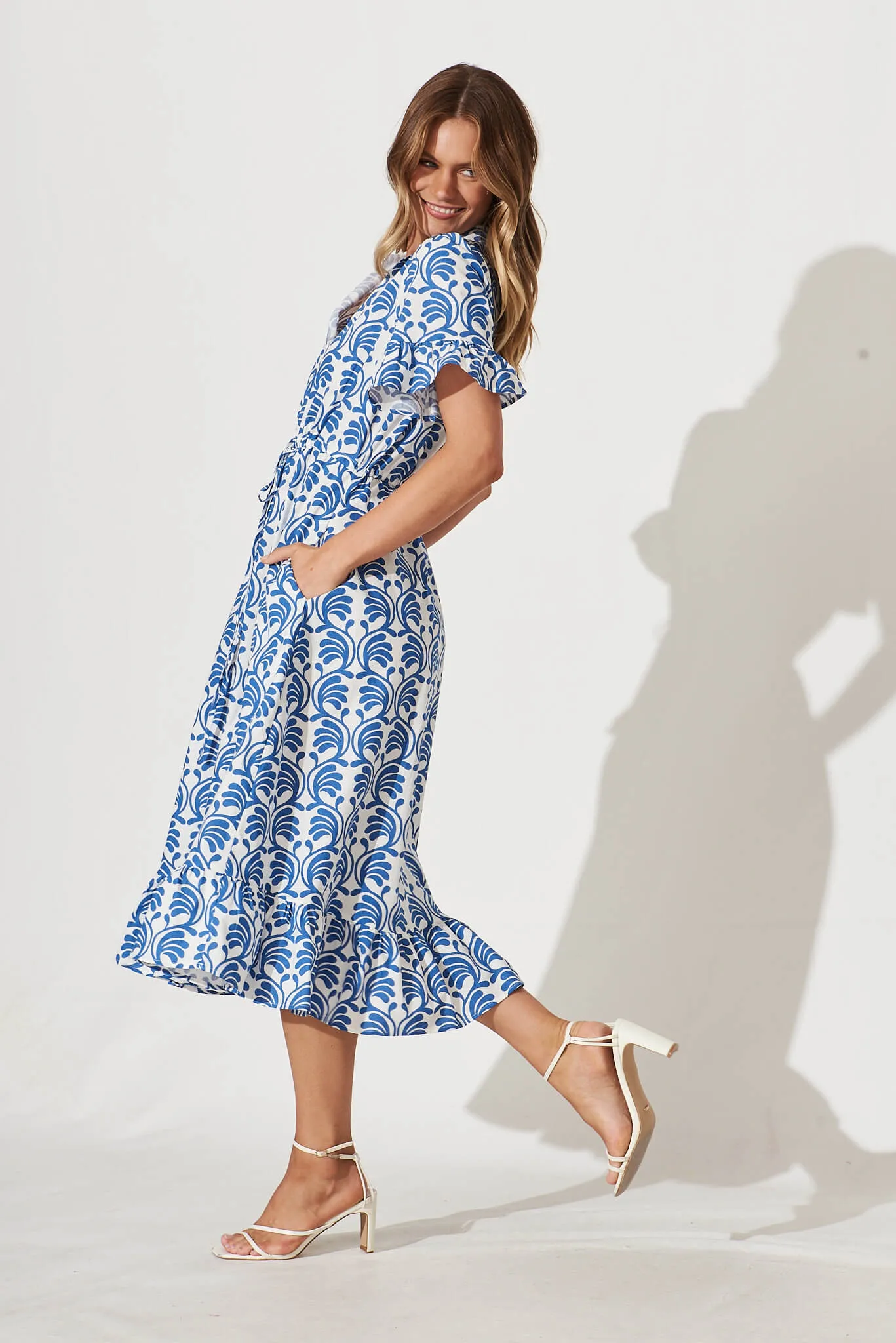Aiken Midi Dress In Blue With White Print Cotton