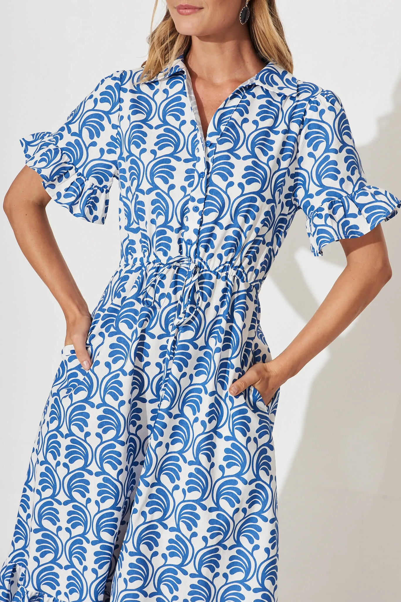 Aiken Midi Dress In Blue With White Print Cotton