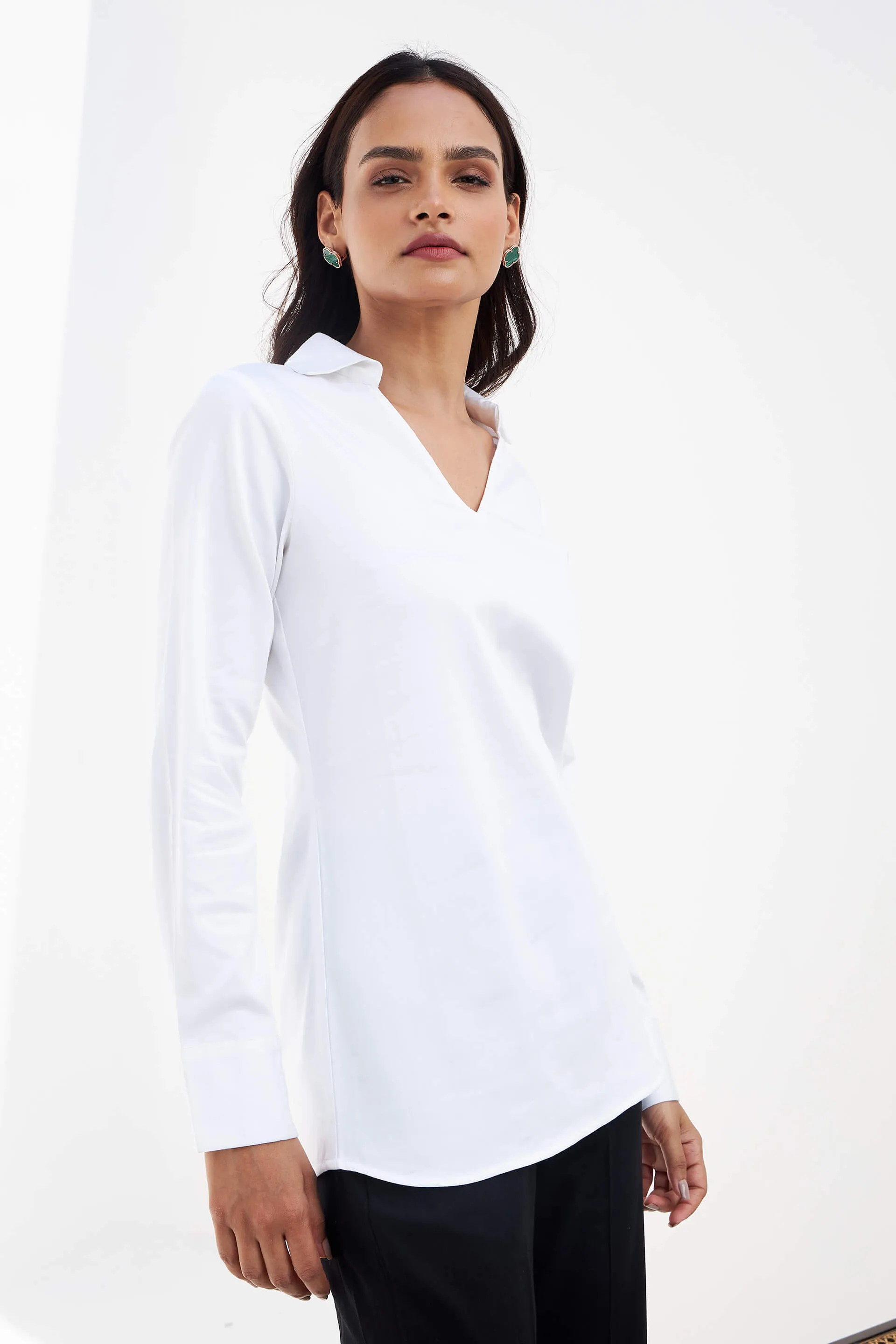 Allure Collared Long Top - White