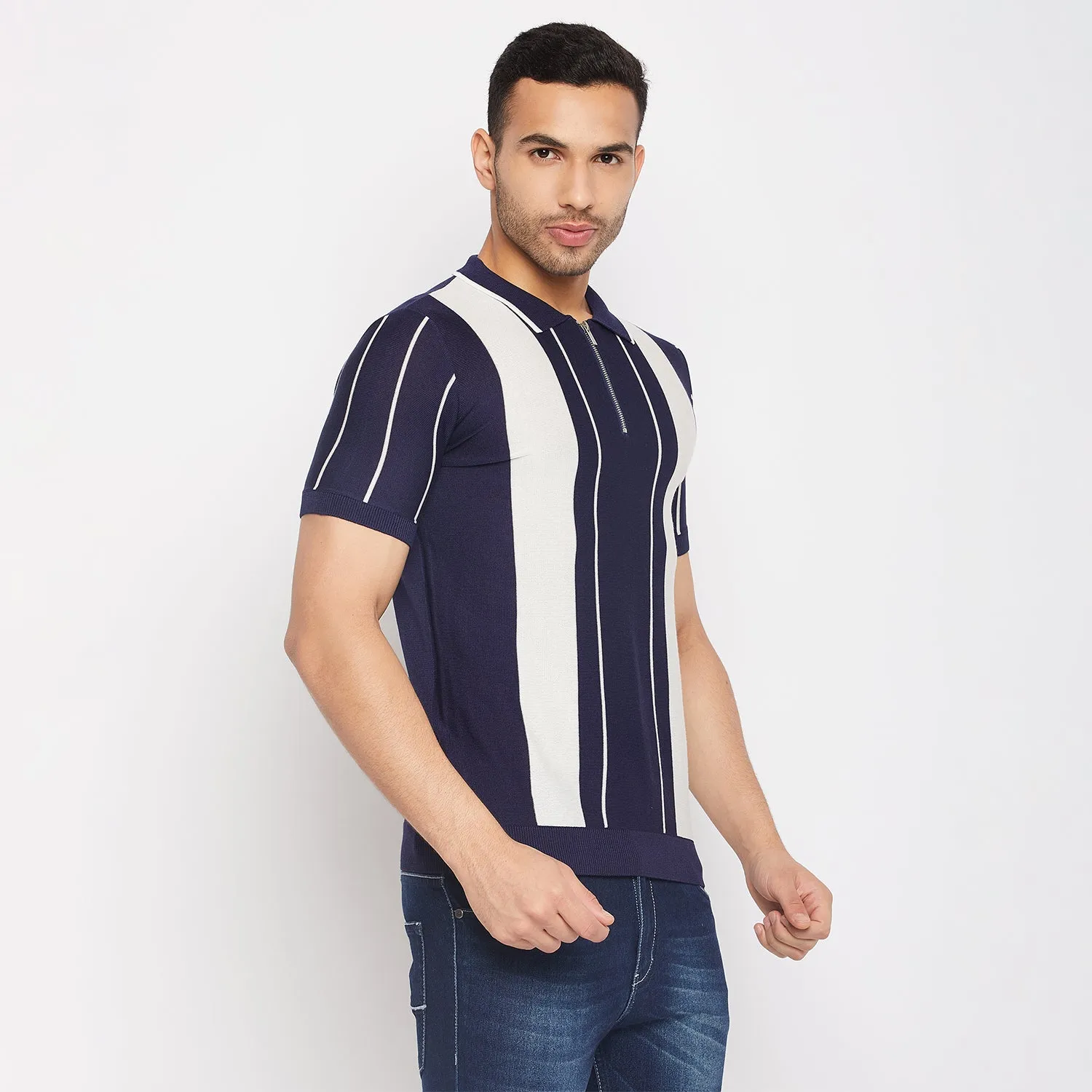 Camla Barcelona Navy Zipped Collar Cotton Tshirt