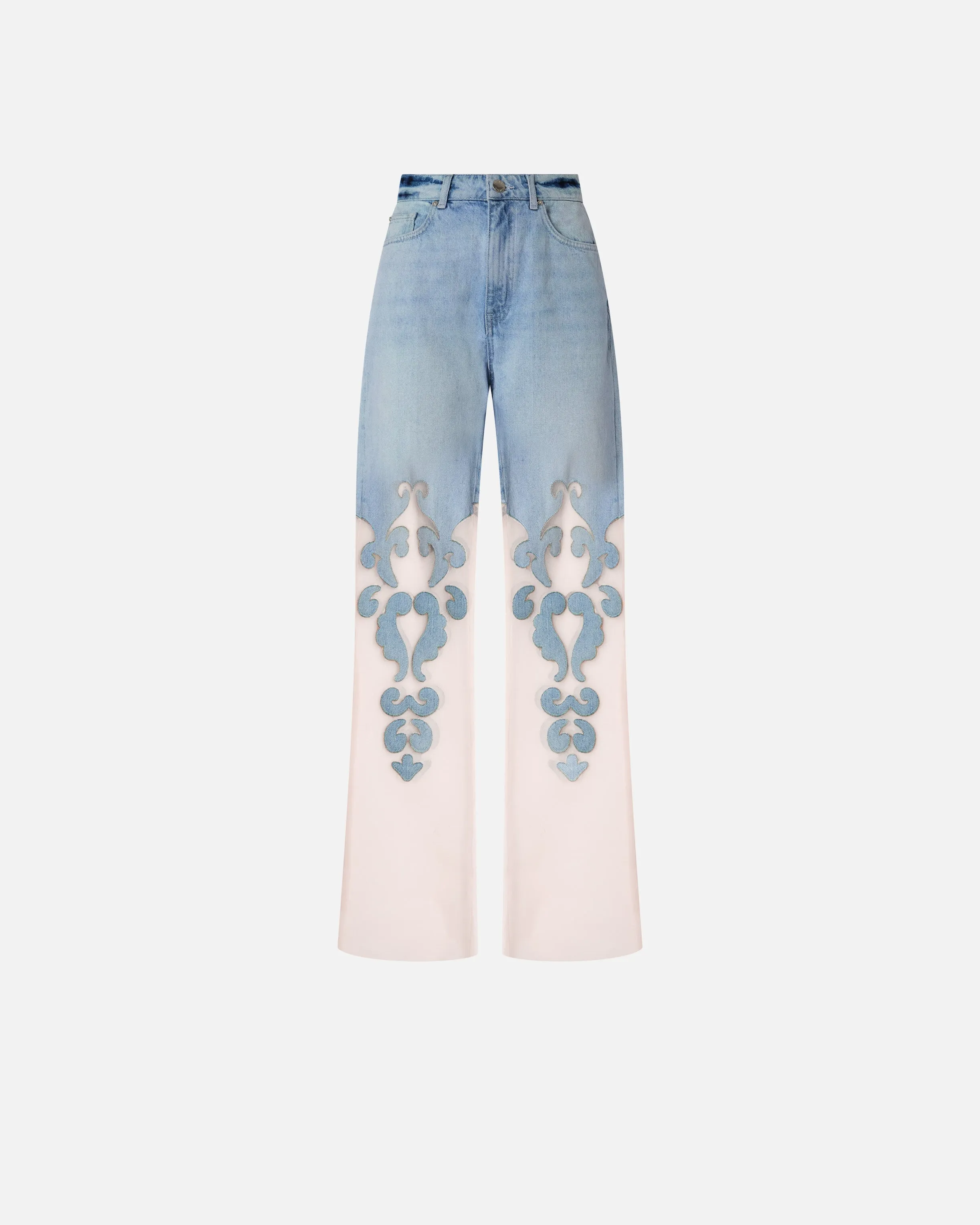 Denim jeans with applique and organza