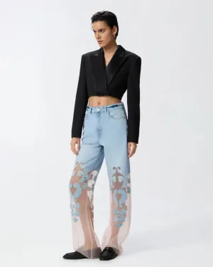 Denim jeans with applique and organza