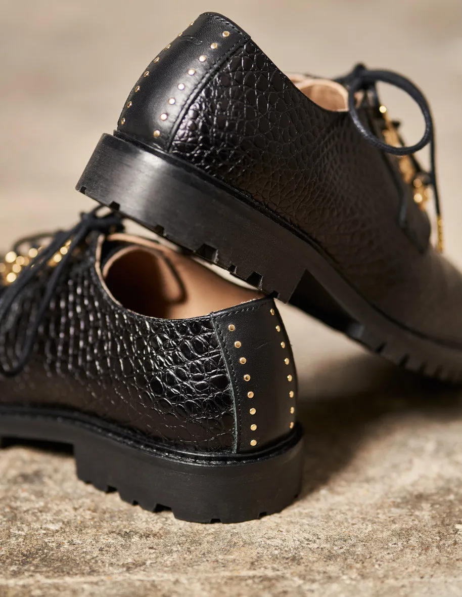 Derbies Agnès - Cuir Croco Noir