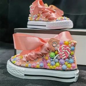 Dolly Bling Baseball Boots Peach Candy Cane Canvas