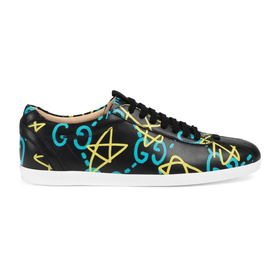 Gucci GucciGhost Print Black Leather Low Top Sneakers