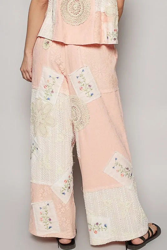 POL Embroidered Drawstring Lace Patch Wide Leg Pants