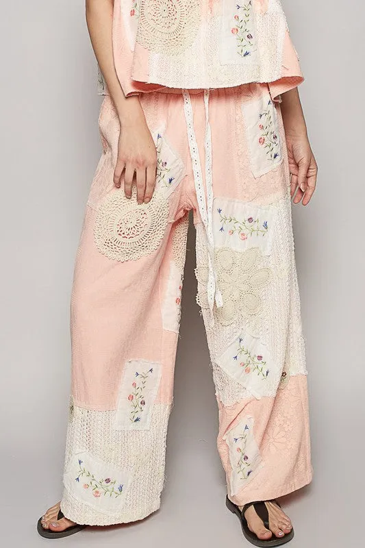 POL Embroidered Drawstring Lace Patch Wide Leg Pants