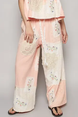 POL Embroidered Drawstring Lace Patch Wide Leg Pants