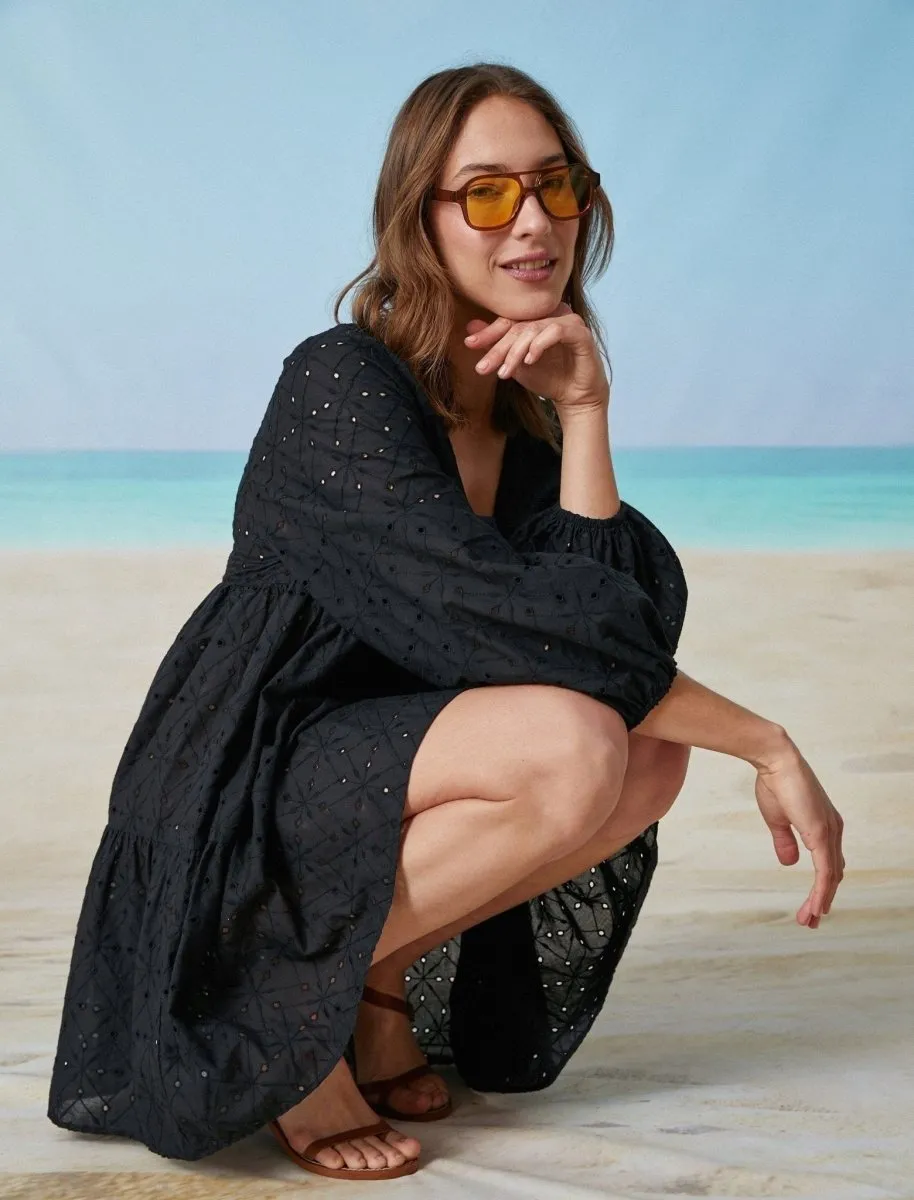 Puff Sleeve Eyelet Mini Tier Dress in Black