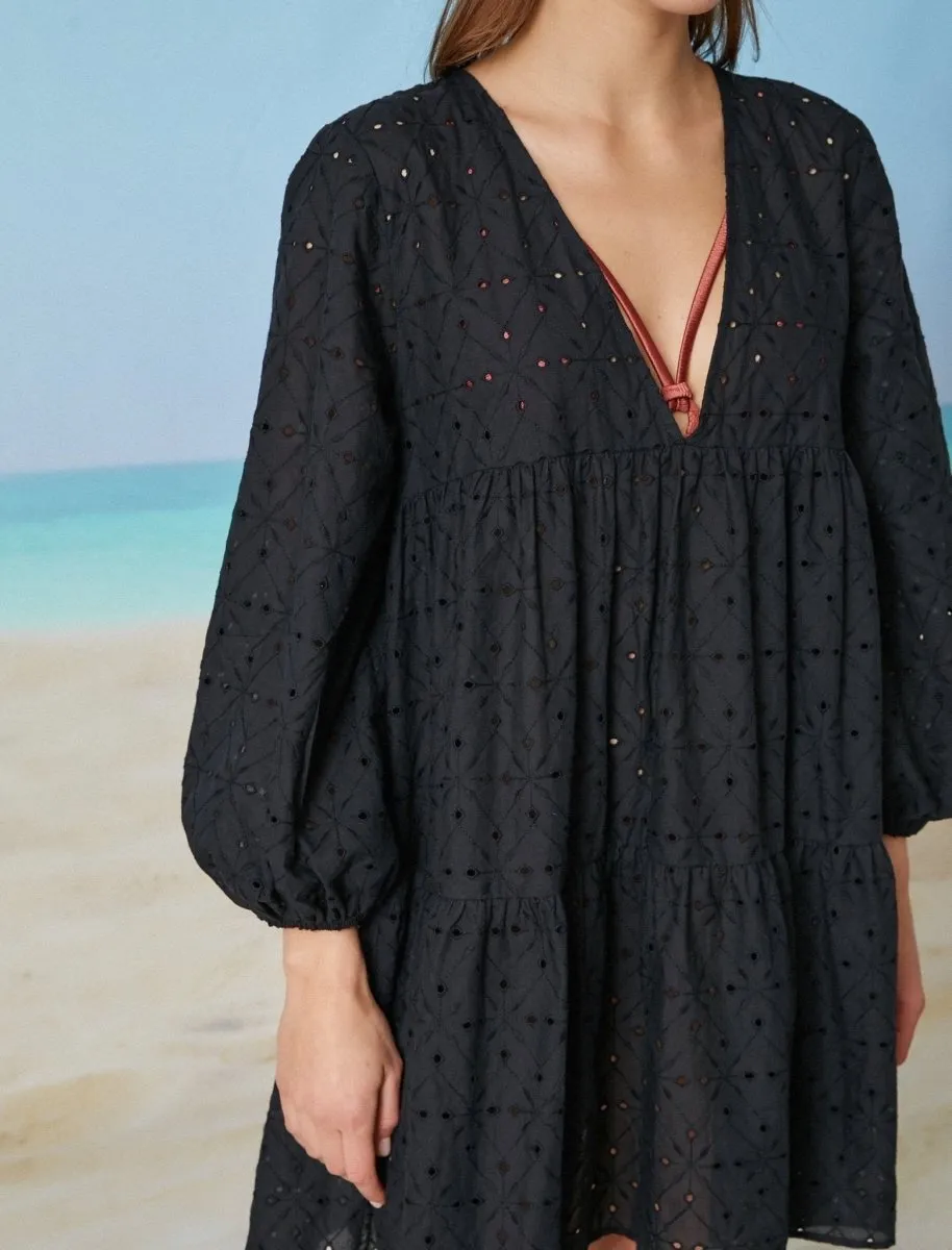 Puff Sleeve Eyelet Mini Tier Dress in Black