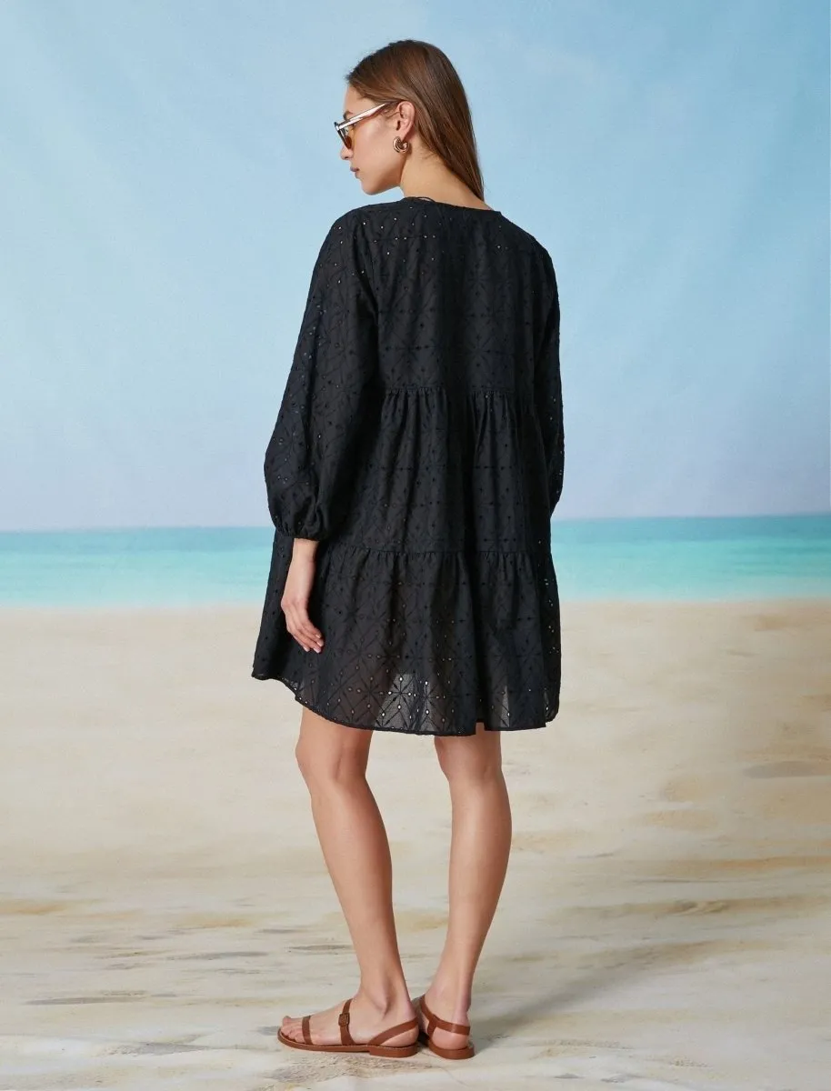 Puff Sleeve Eyelet Mini Tier Dress in Black