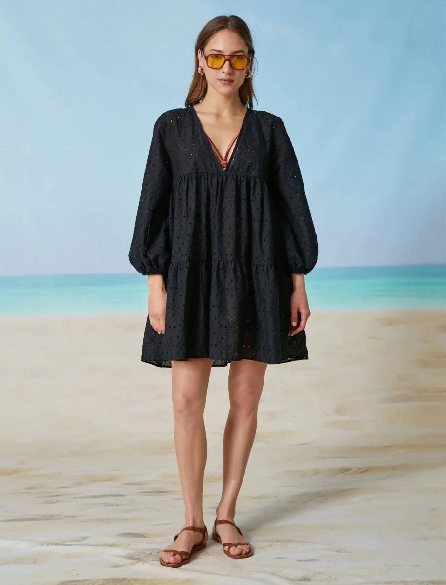 Puff Sleeve Eyelet Mini Tier Dress in Black