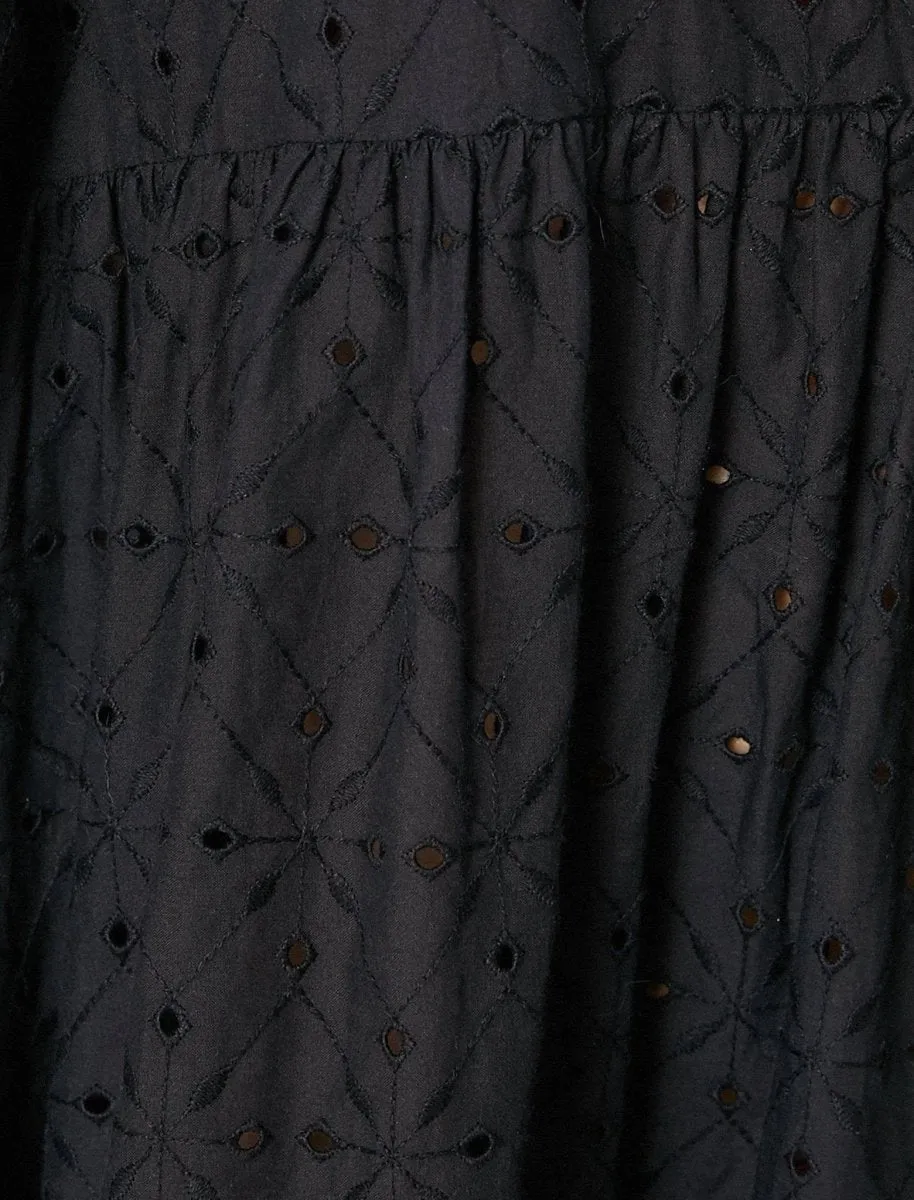 Puff Sleeve Eyelet Mini Tier Dress in Black