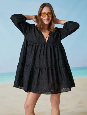 Puff Sleeve Eyelet Mini Tier Dress in Black