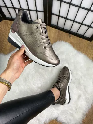 Quinn Faux Leather Metallic Wedge Trainers