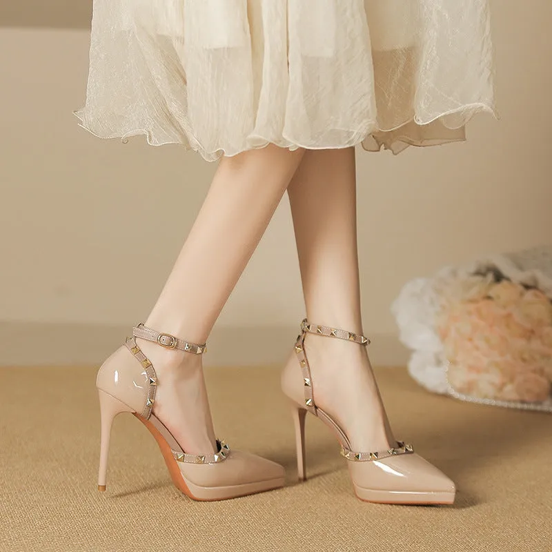 Rivet Decor Ankle Strap Stiletto Pumps