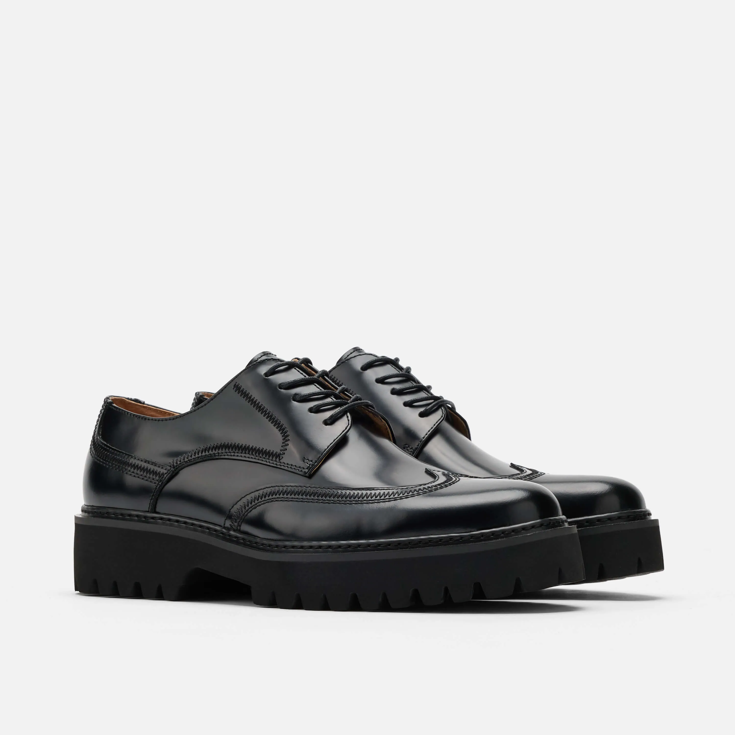 Ronan Black Brushed Leather Lug Wingtip Shoes