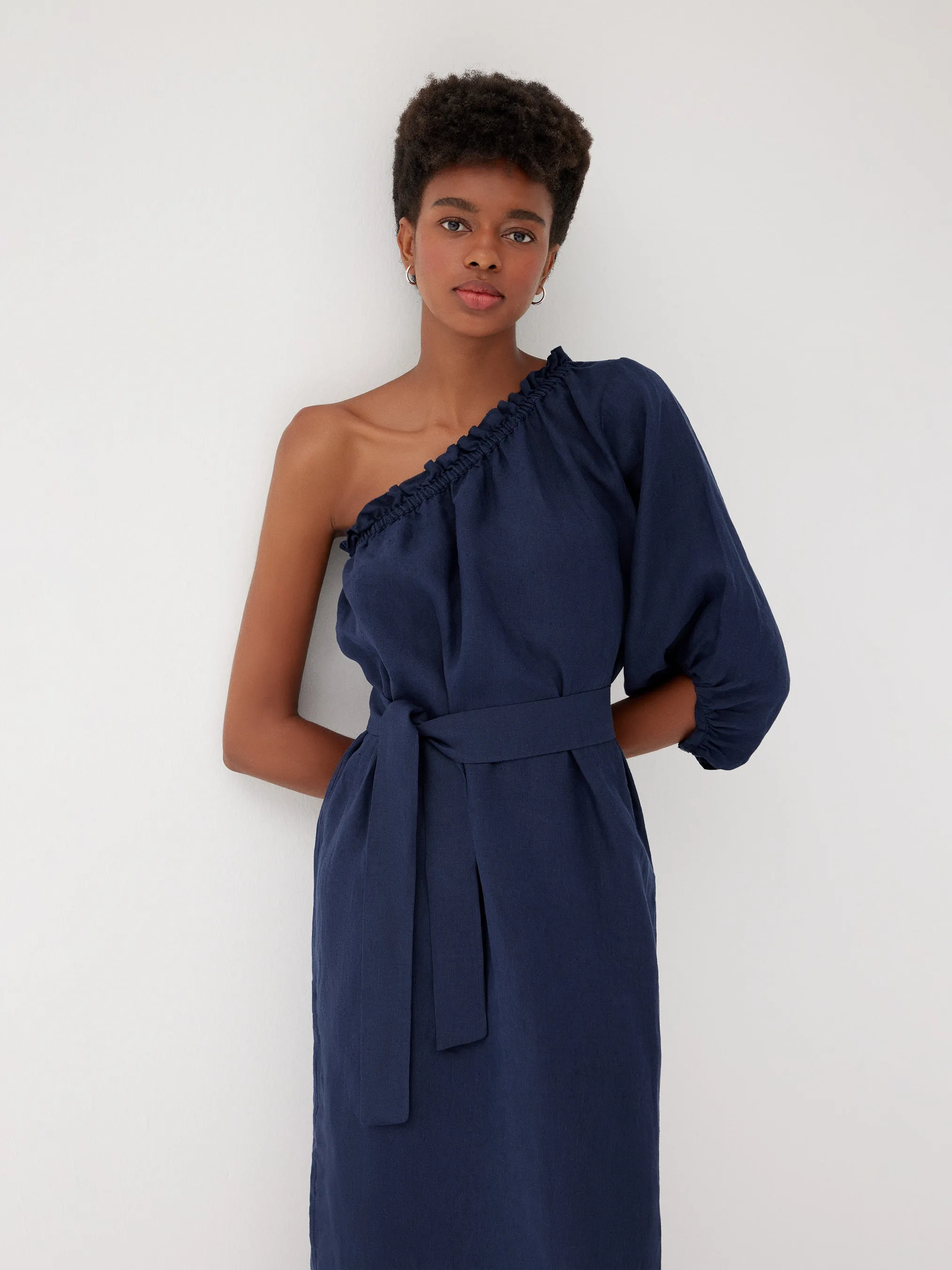 Sardinia Navy Linen One Shoulder Dress