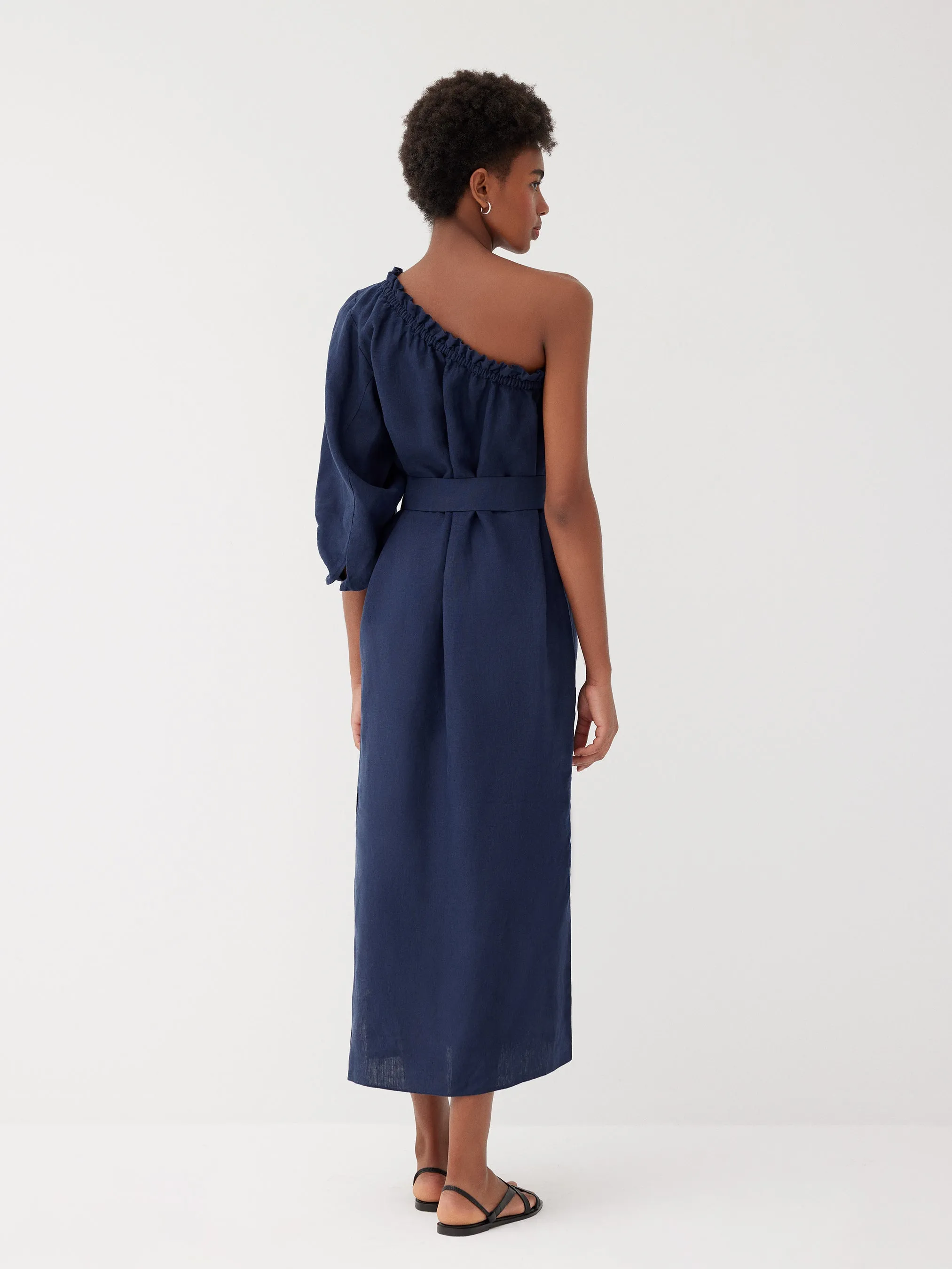 Sardinia Navy Linen One Shoulder Dress