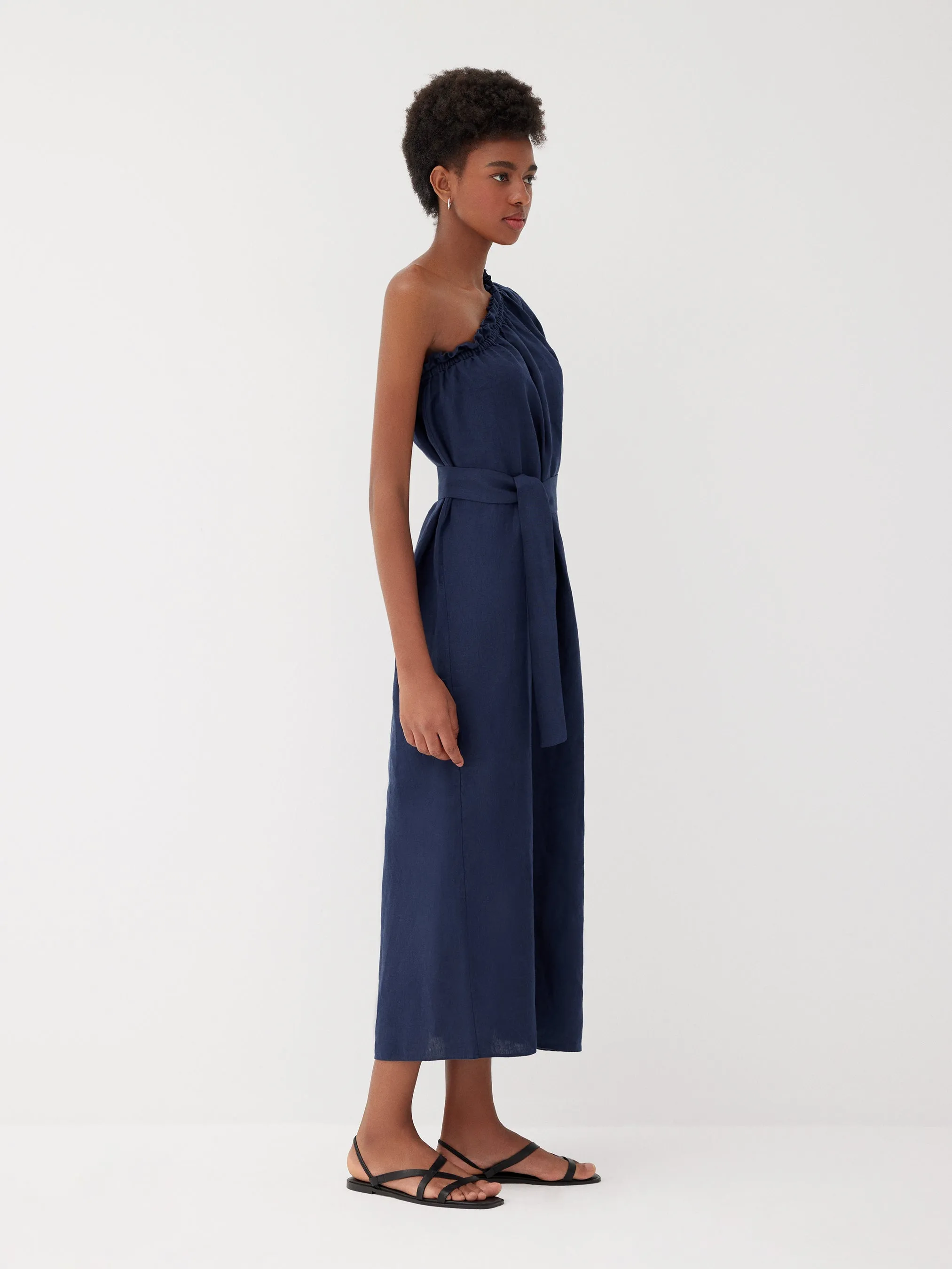 Sardinia Navy Linen One Shoulder Dress