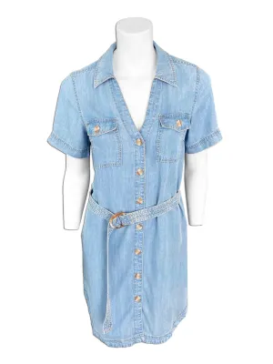 Short Sleeve Button Through Belted Dress - Light Indigo