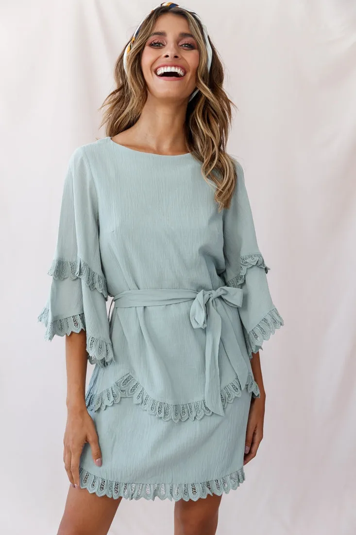 Talitha Waist Tie Lace Trim Dress Sage