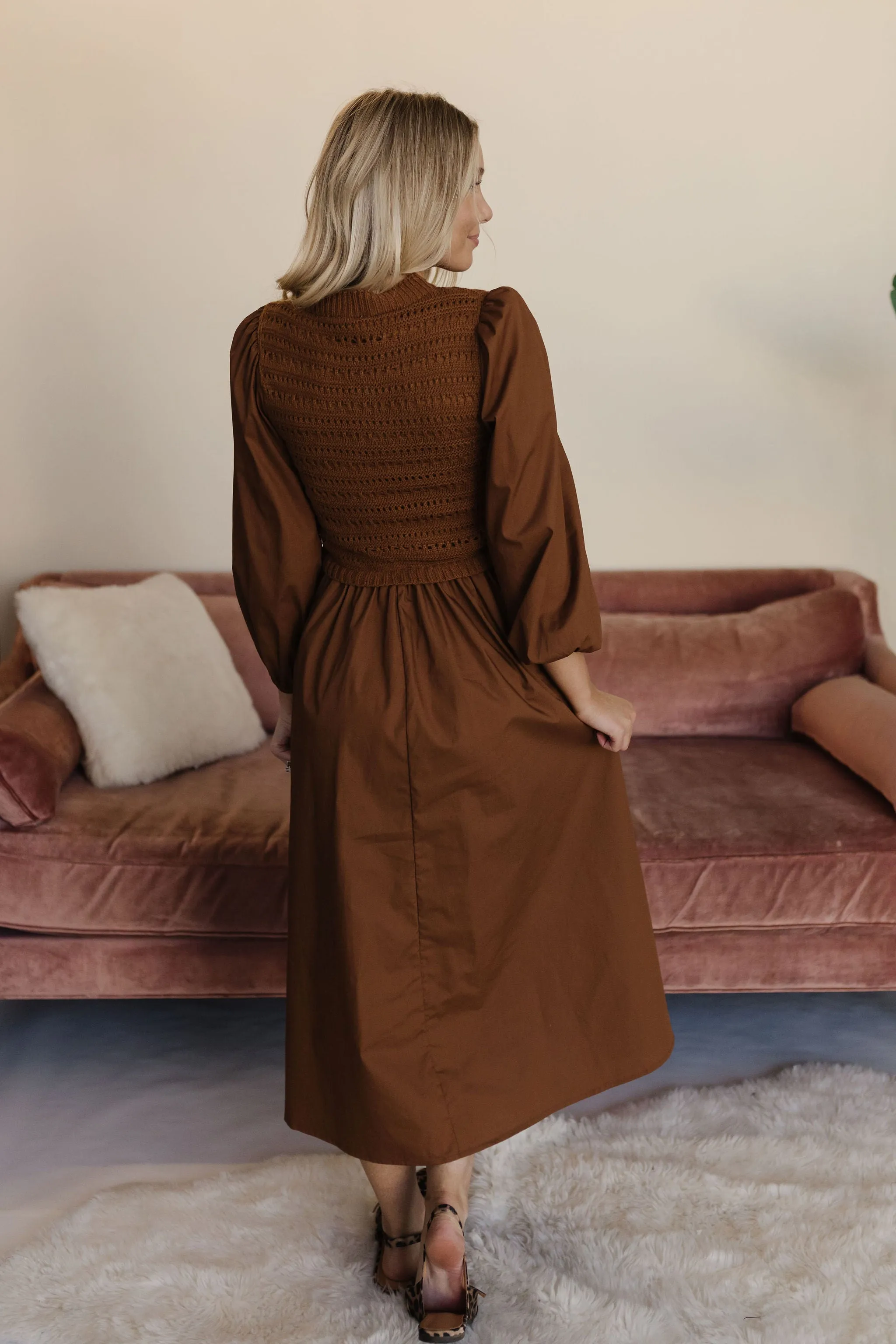 THE BRYNLEE KNIT BODICE MAXI DRESS IN BROWN