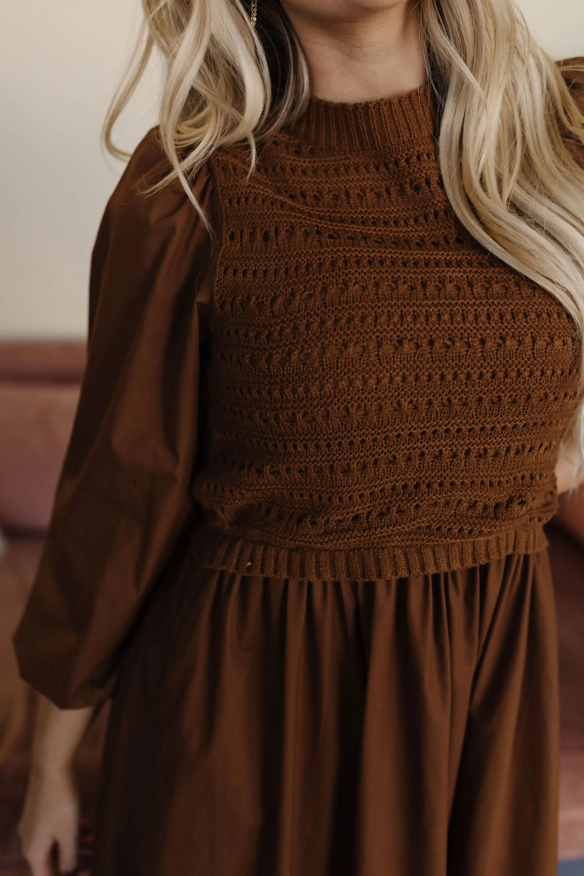THE BRYNLEE KNIT BODICE MAXI DRESS IN BROWN
